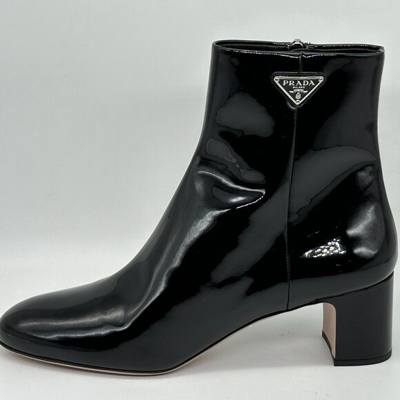 PRADA Triangle Logo Patent Leather Block Heel Ankle Booties Boots Shoes - Picture 3 of 16